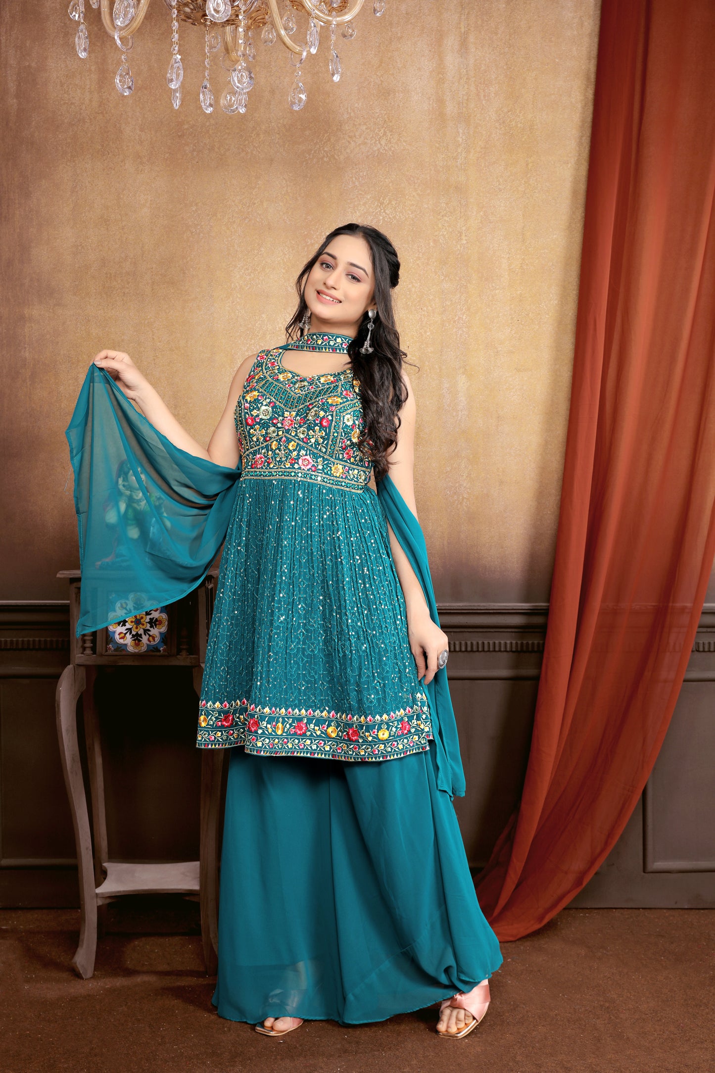 Turquoise Tranquility: Exquisite Embroidered Sharara Suit Set for Women