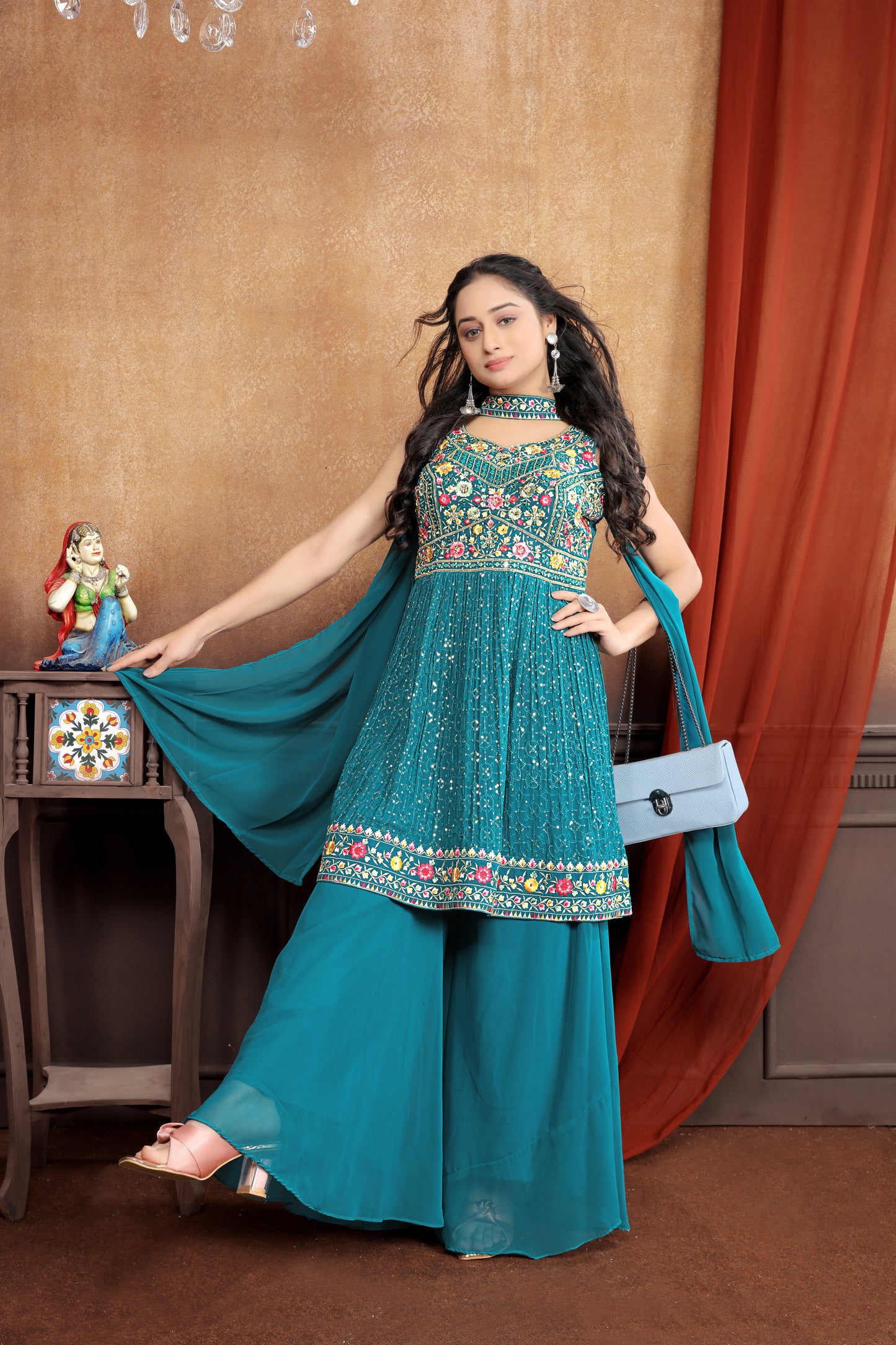 Turquoise Tranquility: Exquisite Embroidered Sharara Suit Set for Women