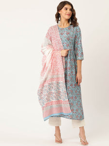 Pure Cotton Blue Printed A-line Kurta Suit Set With Dupatta - AbirabyBeena