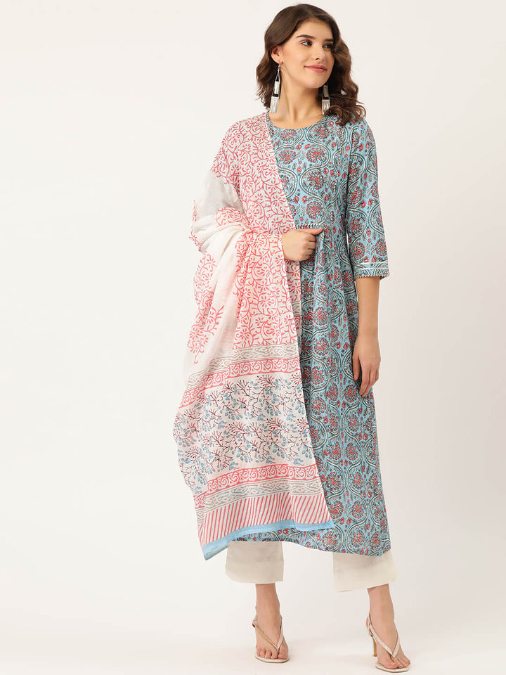 Pure Cotton Blue Printed A-line Kurta Suit Set With Dupatta - AbirabyBeena