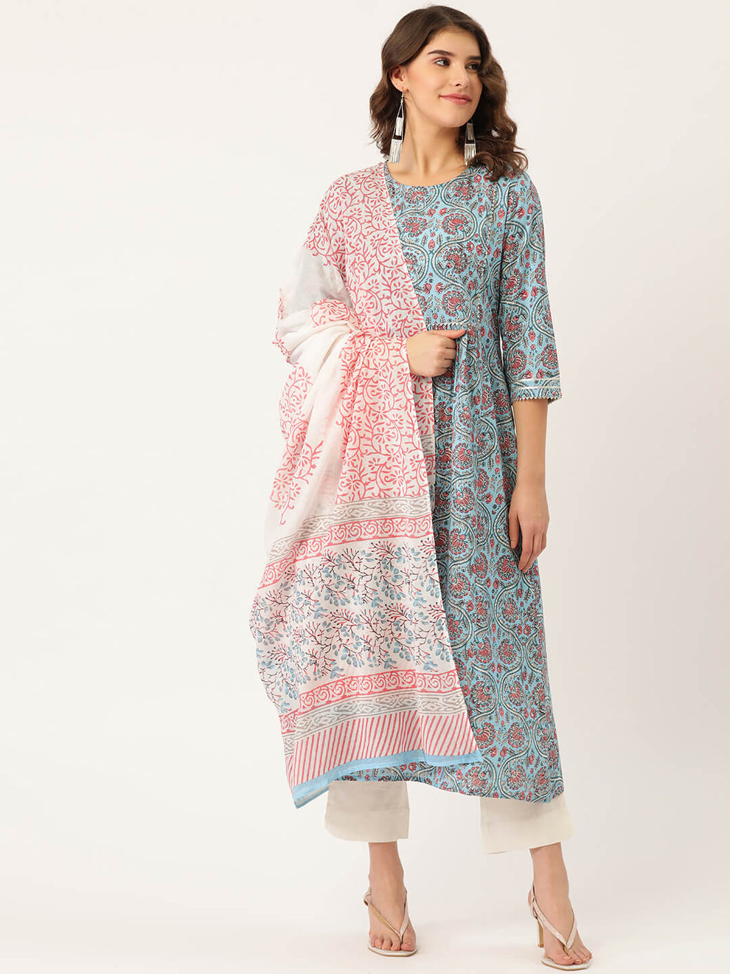 Pure Cotton Blue Printed A-line Kurta Suit Set With Dupatta - AbirabyBeena