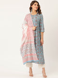 Pure Cotton Blue Printed A-line Kurta Suit Set With Dupatta - AbirabyBeena