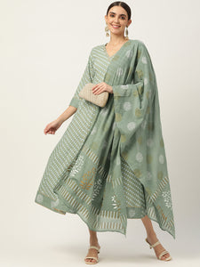 Green & White Printed Cotton Flared Kurta with Dupatta - AbirabyBeena