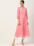 Pink & White Ethnic Printed Pure Cotton Flared Kurta - AbirabyBeena