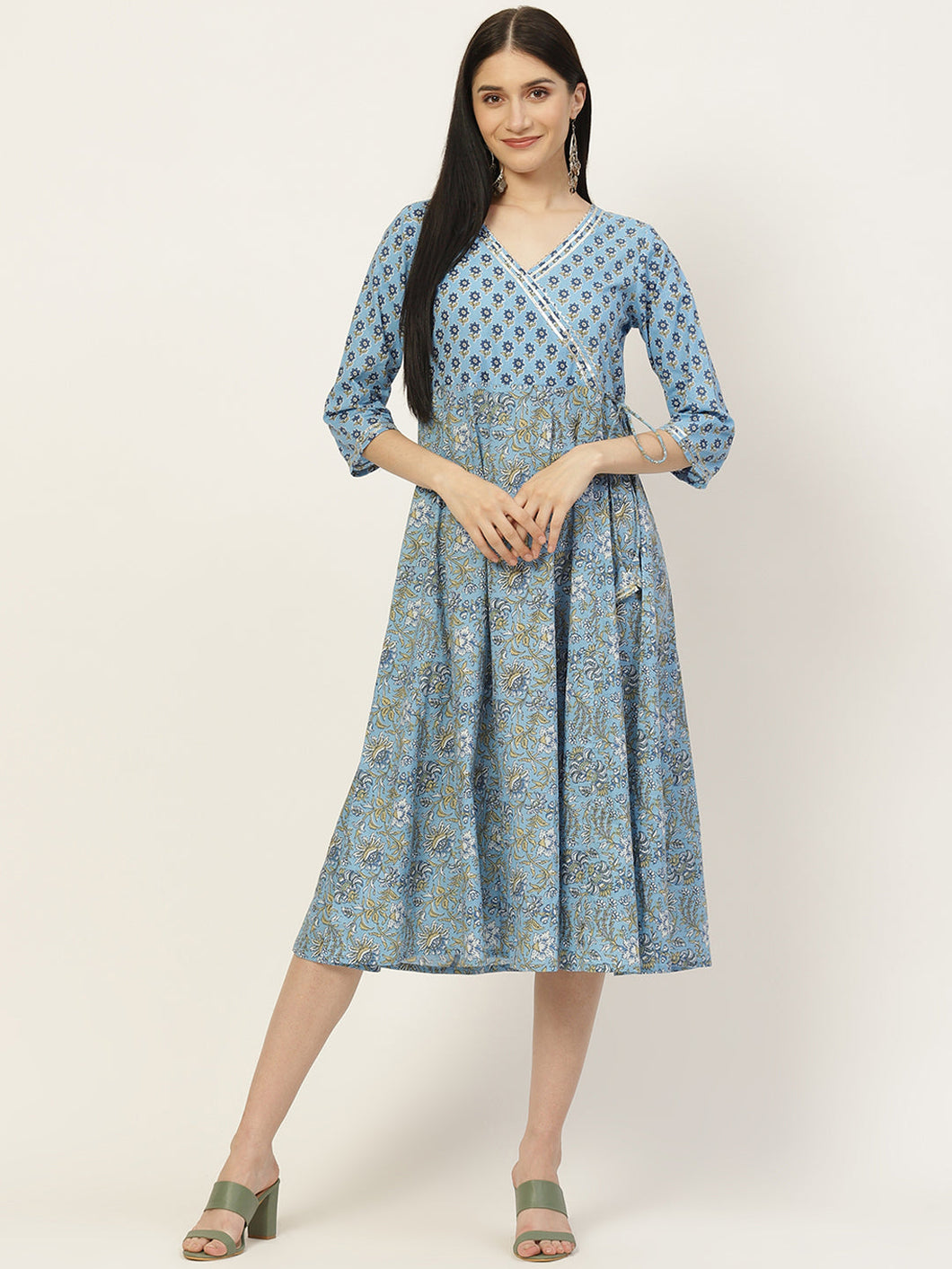 Blue Ethnic Motifs Printed Anarkali Tie-Up Dress - AbirabyBeena