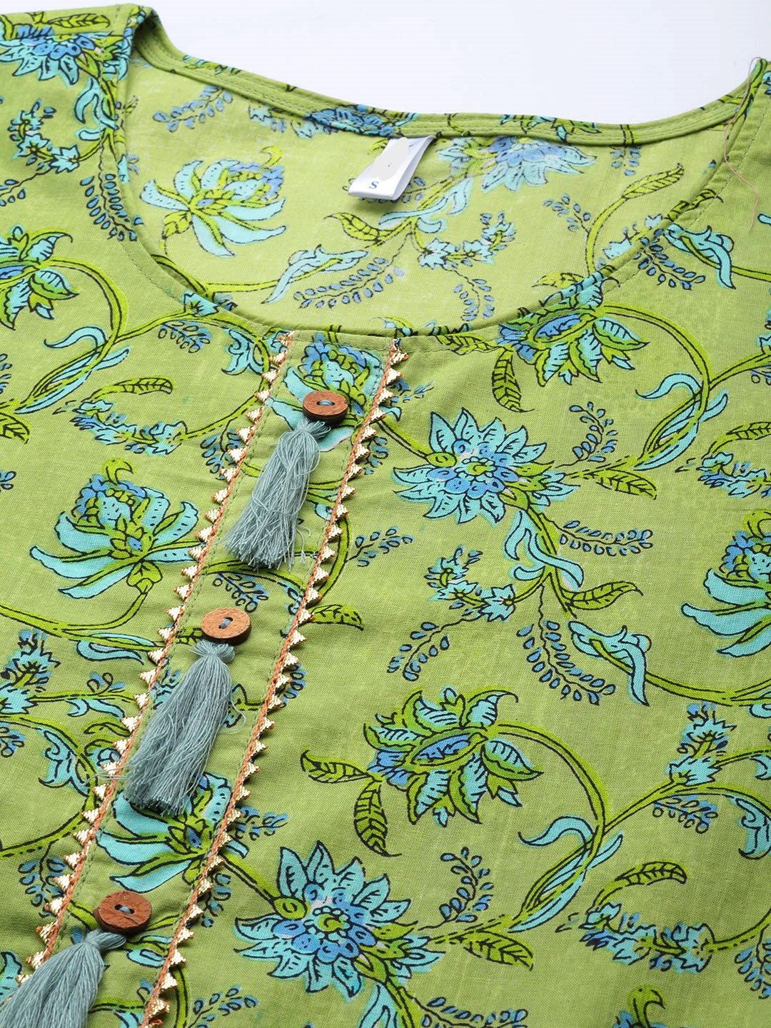 Green & Blue Ethnic Printed Pure Cotton Gotta Patti Anarkali Kurta - AbirabyBeena