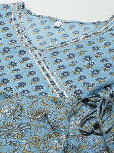 Blue Ethnic Motifs Printed Anarkali Tie-Up Dress - AbirabyBeena