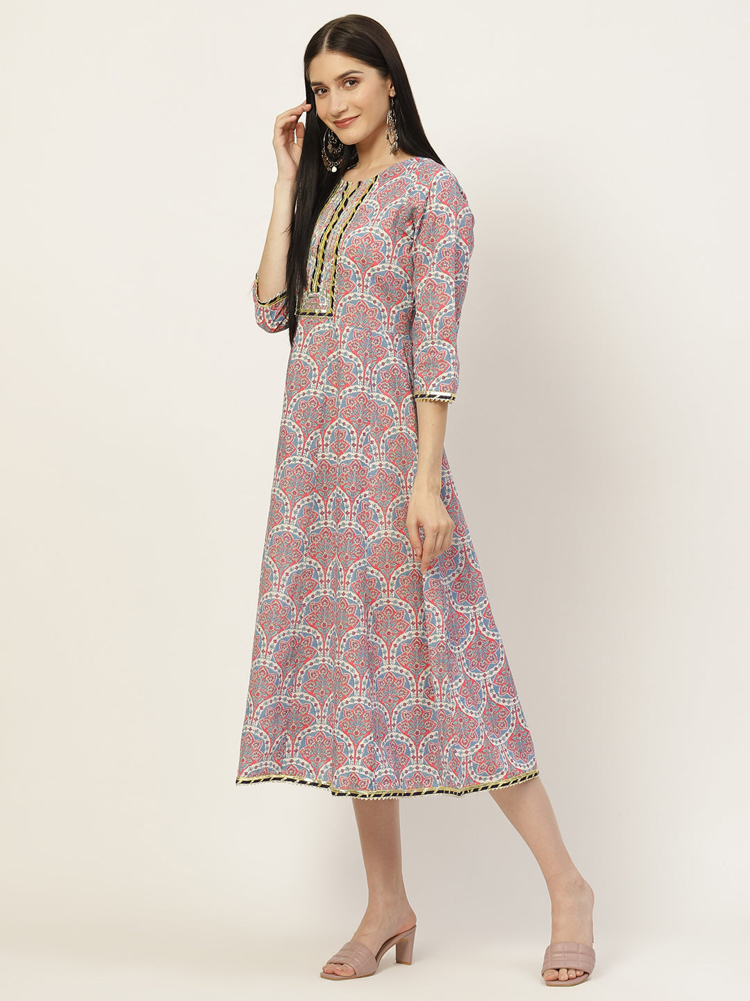 Blue & Pink Printed Fit & Flare Dress - AbirabyBeena