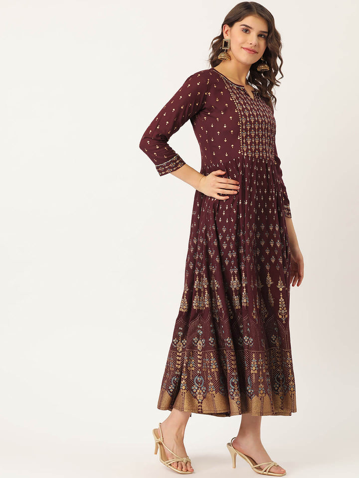 Maroon Rayon Gold Printed & Gota Work Anarkali Kurta - AbirabyBeena