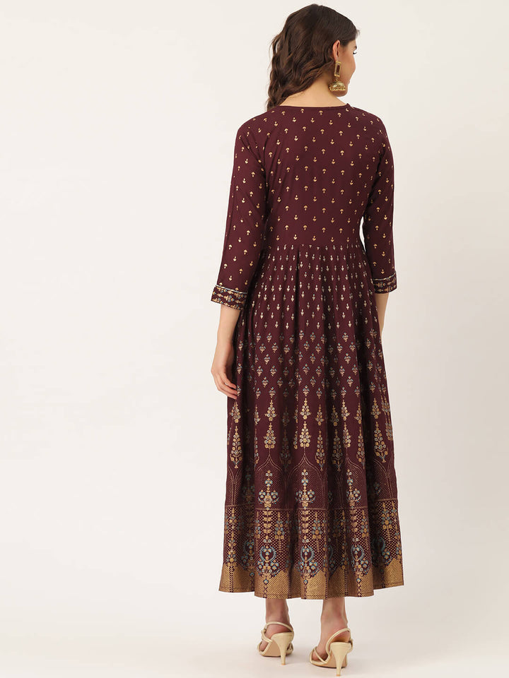 Maroon Rayon Gold Printed & Gota Work Anarkali Kurta - AbirabyBeena