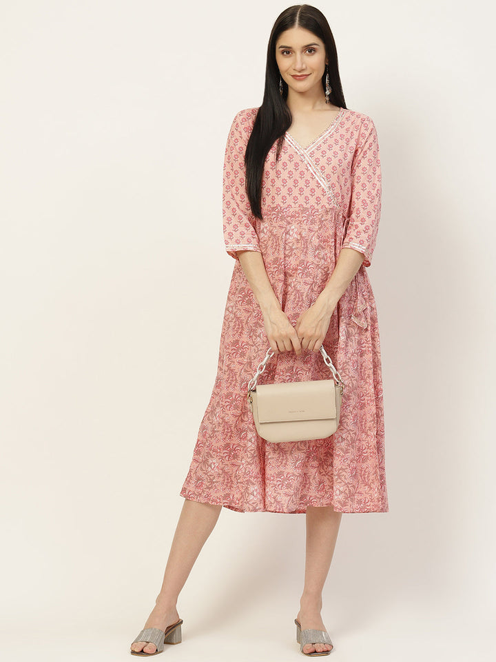 Pink Floral Printed Angrakha Style Anarkali Dress - AbirabyBeena