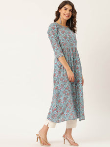 Pure Cotton Blue Printed A-line Kurta Suit Set With Dupatta - AbirabyBeena