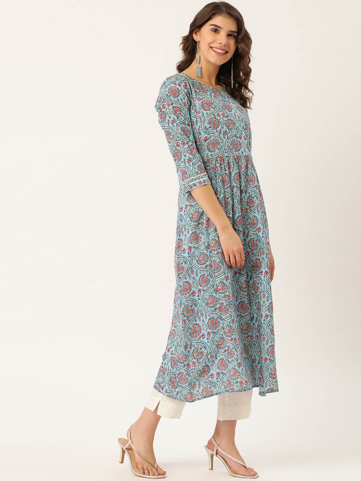 Pure Cotton Blue Printed A-line Kurta Suit Set With Dupatta - AbirabyBeena