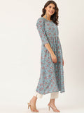 Pure Cotton Blue Printed A-line Kurta Suit Set With Dupatta - AbirabyBeena