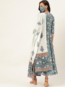 Women Blue & White Flared Kurta With Dupatta - AbirabyBeena