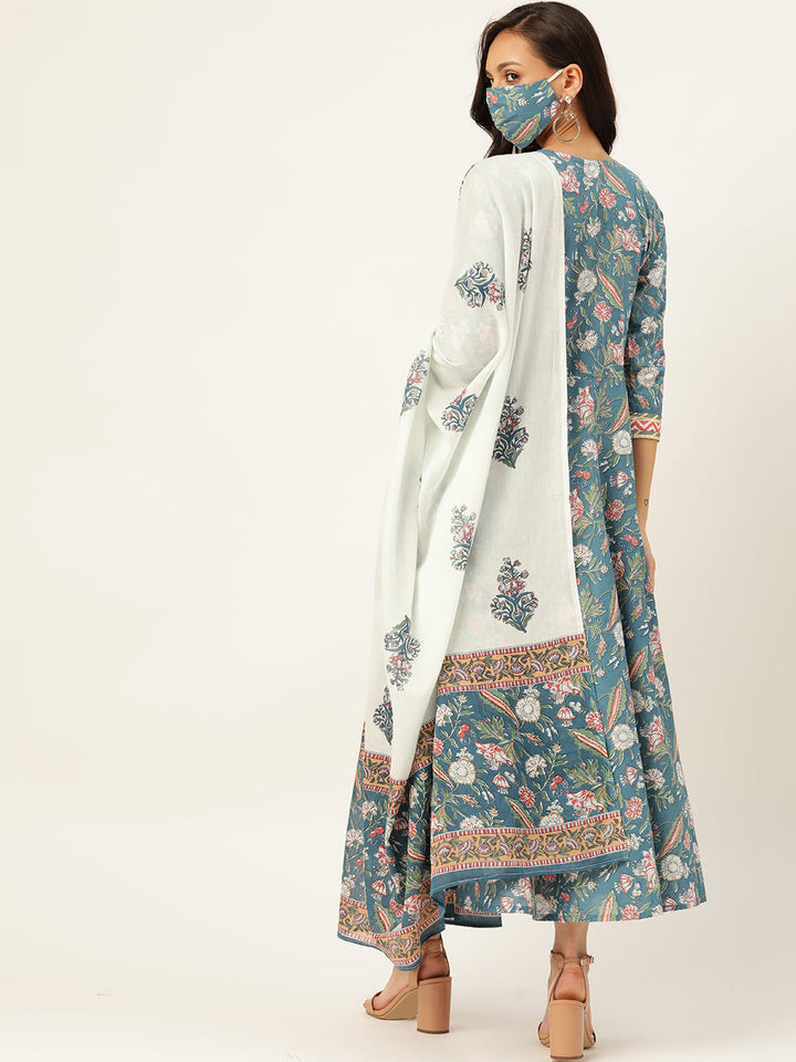 Women Blue & White Flared Kurta With Dupatta - AbirabyBeena