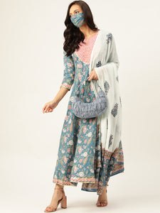 Women Blue & White Flared Kurta With Dupatta - AbirabyBeena