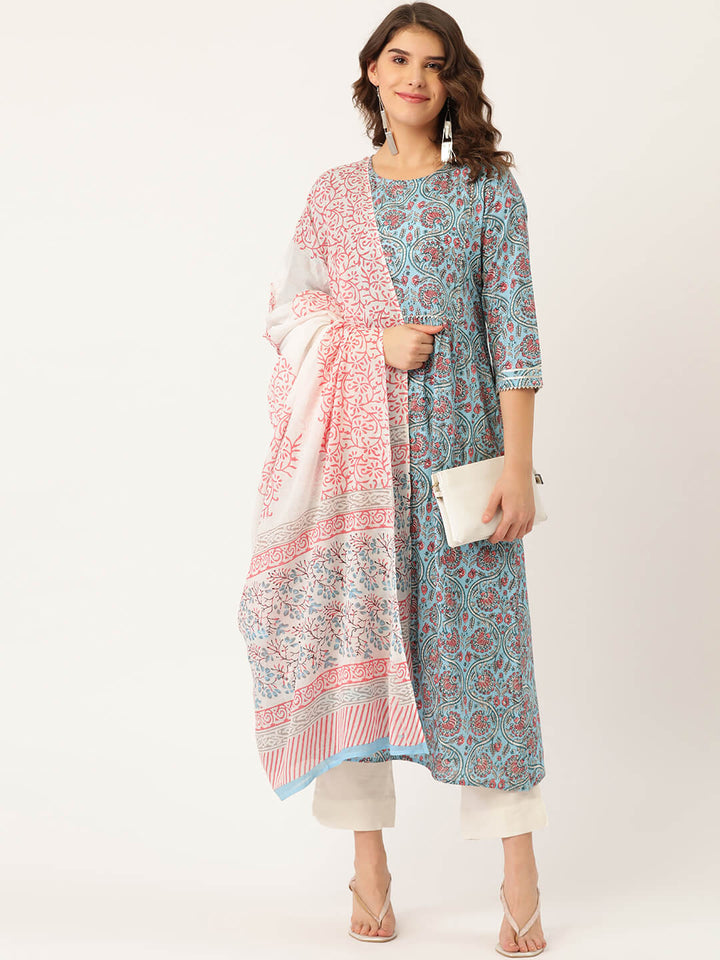 Pure Cotton Blue Printed A-line Kurta Suit Set With Dupatta - AbirabyBeena