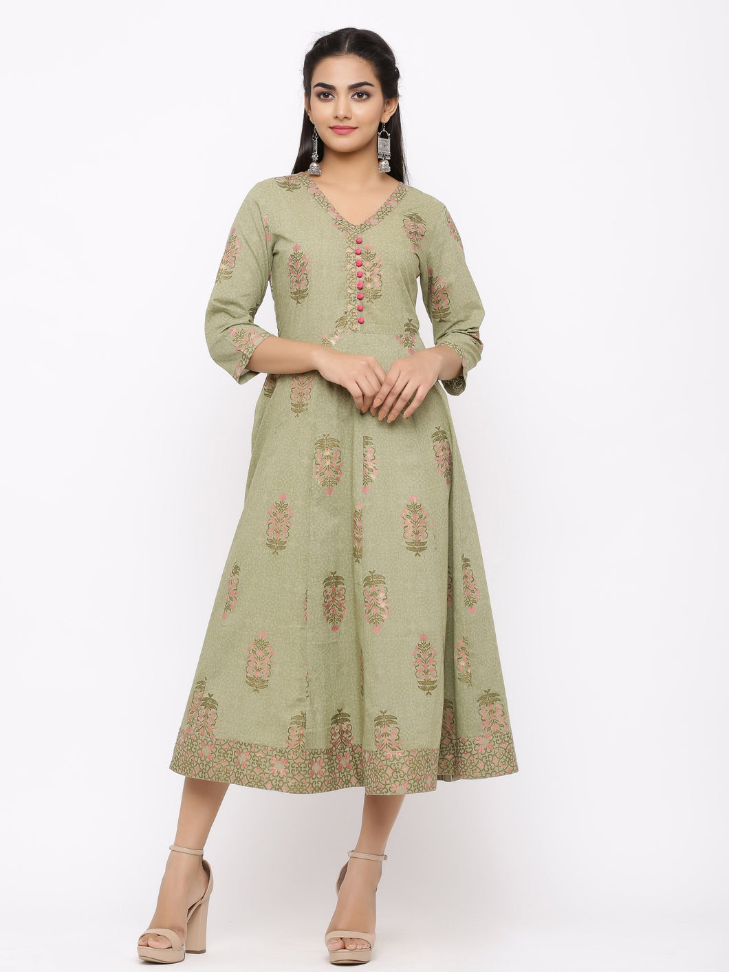 Green Printed Pure Cotton Gotta Patti Anarkali Kurta - AbirabyBeena