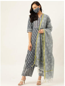 Grey Printed Kurta With Dupatta & Trouser - AbirabyBeena