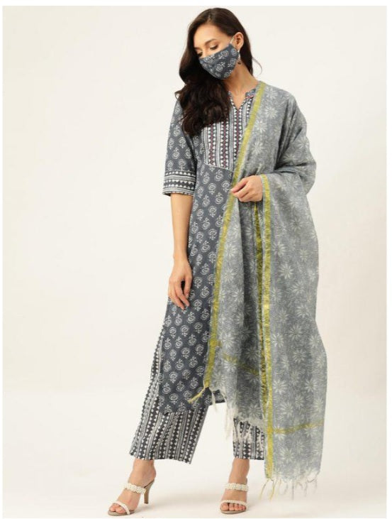 Grey Printed Kurta With Dupatta & Trouser - AbirabyBeena