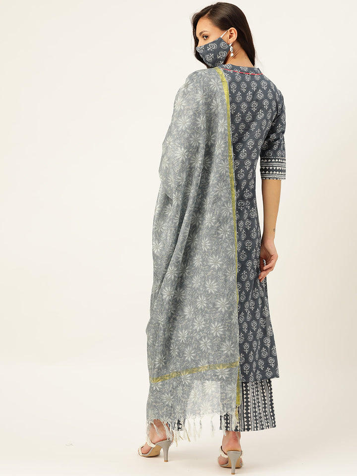 Grey Printed Kurta With Dupatta & Trouser - AbirabyBeena