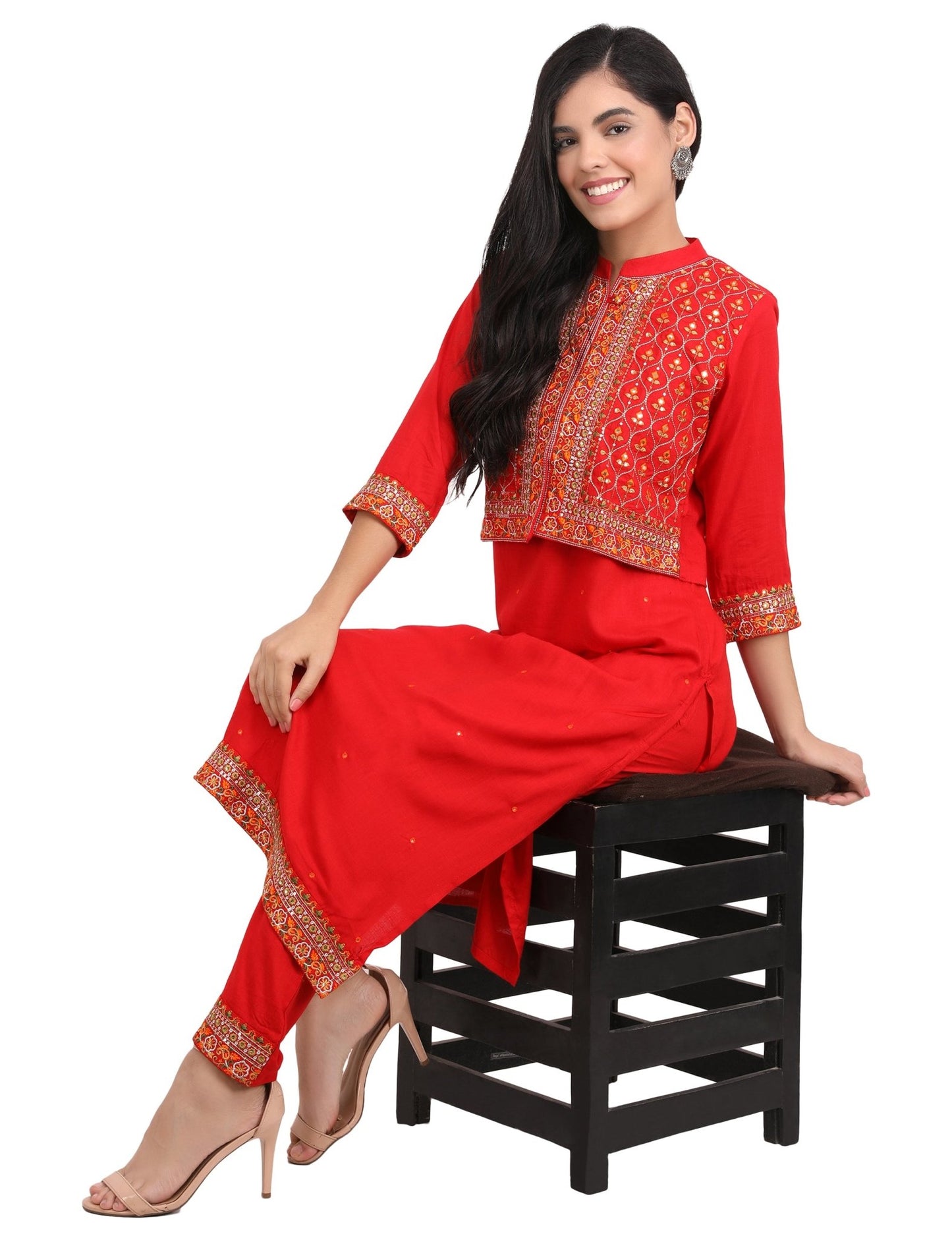 Alia's Favourite Bold Red In Ethnic Twist Jacket Kurta Pant Suit (Set Of 3) - Craftystyles