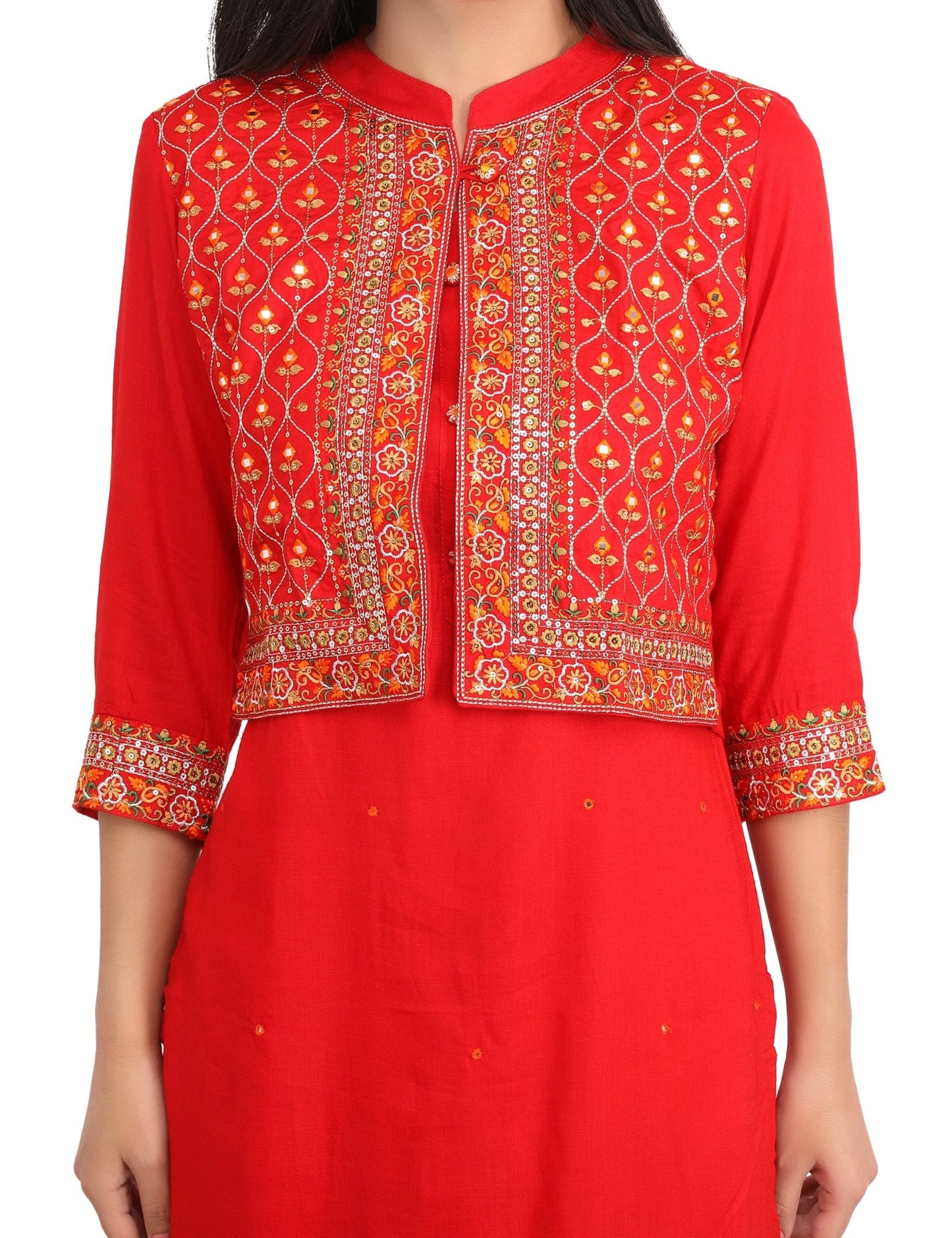 Alia's Favourite Bold Red In Ethnic Twist Jacket Kurta Pant Suit (Set Of 3) - Craftystyles
