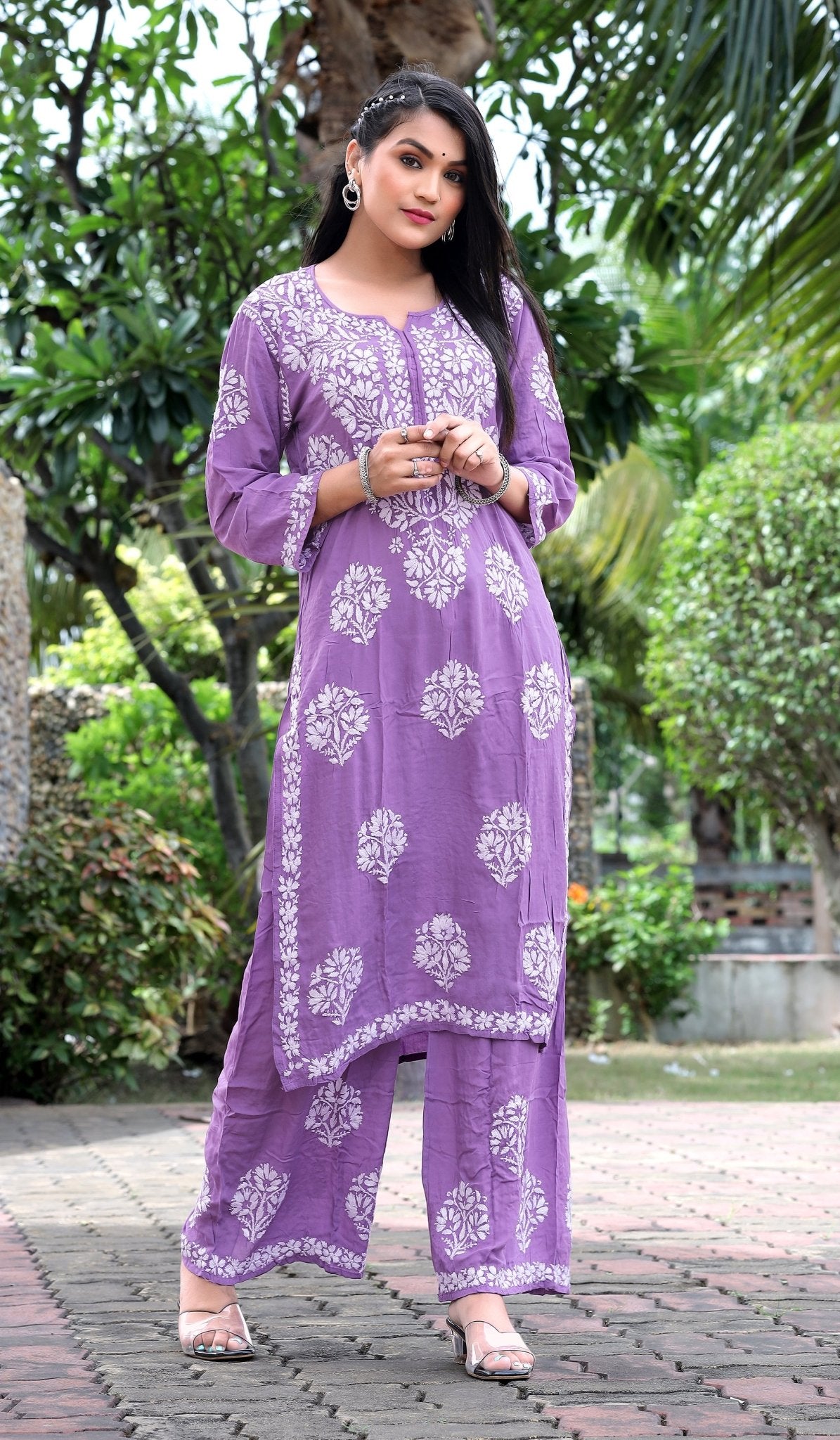 Beena Lavender Chikankari Modal Silk( Set of 2) - Craftystyles