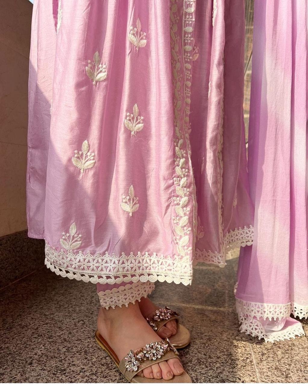 Chikankari Anarkali Baby Pink Suit(Set of 3) - Craftystyles