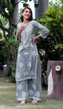 Grey Modal Silk Hastakarigari Chikankari Kurta Pant(Set of 2) - Craftystyles