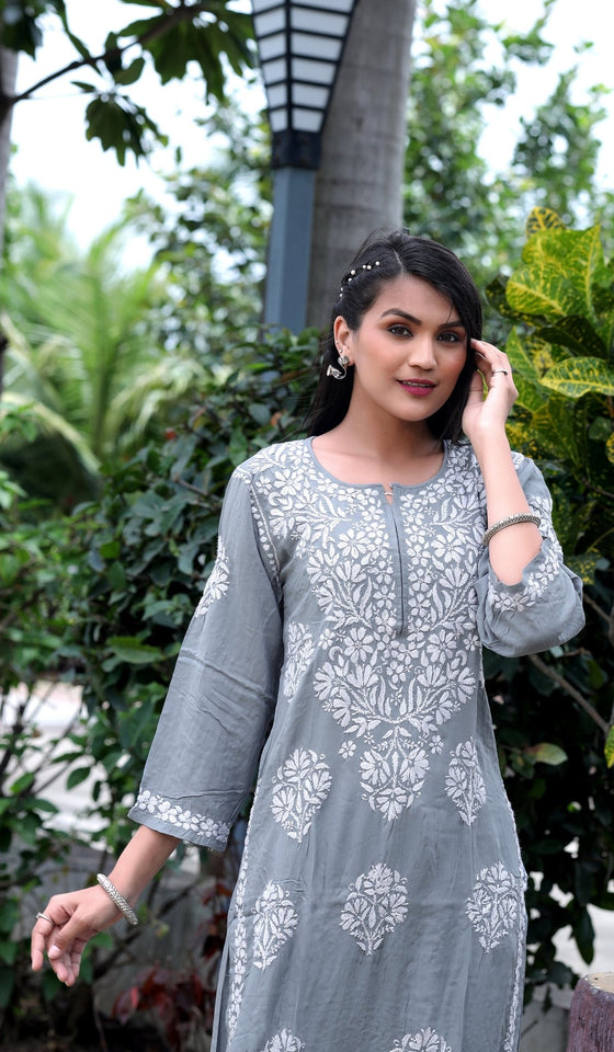 Grey Modal Silk Hastakarigari Chikankari Kurta Pant(Set of 2) - Craftystyles