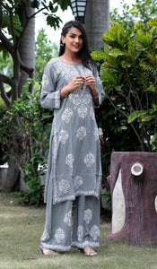 Grey Modal Silk Hastakarigari Chikankari Kurta Pant(Set of 2) - Craftystyles