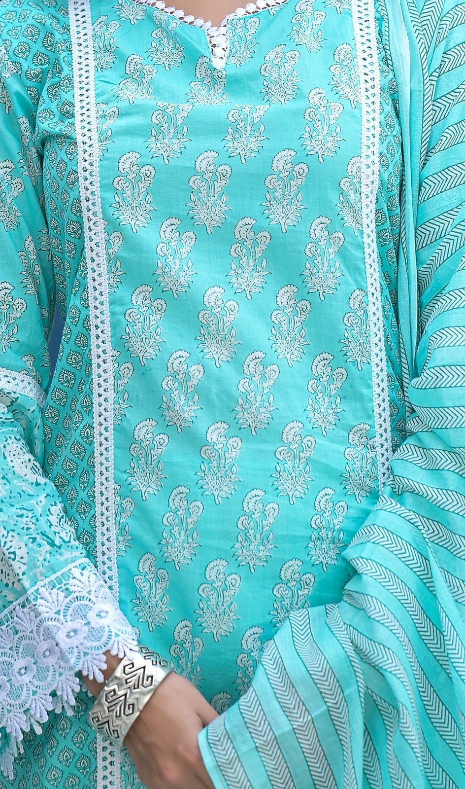 Kriti's favourite Chochet Embroidered Sky Shade Suit (Set of 3) - Craftystyles