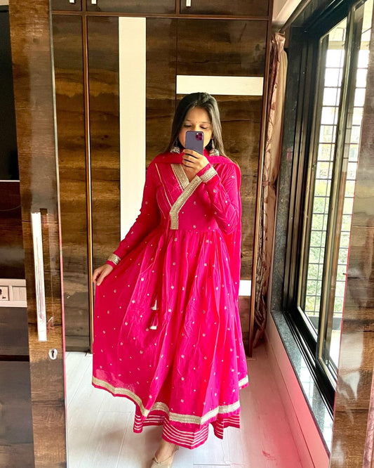 Malmal Pink anarkali Suit(Set of 3) - Craftystyles
