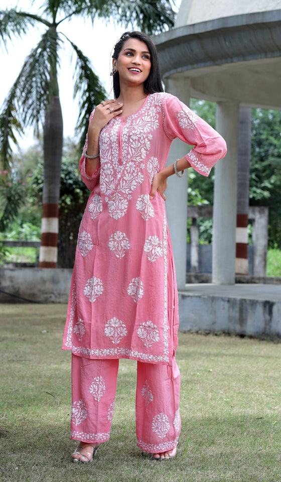 Peach Modal Silk Hastakarigari Chikankari Kurta Pant(Set of 2) - Craftystyles