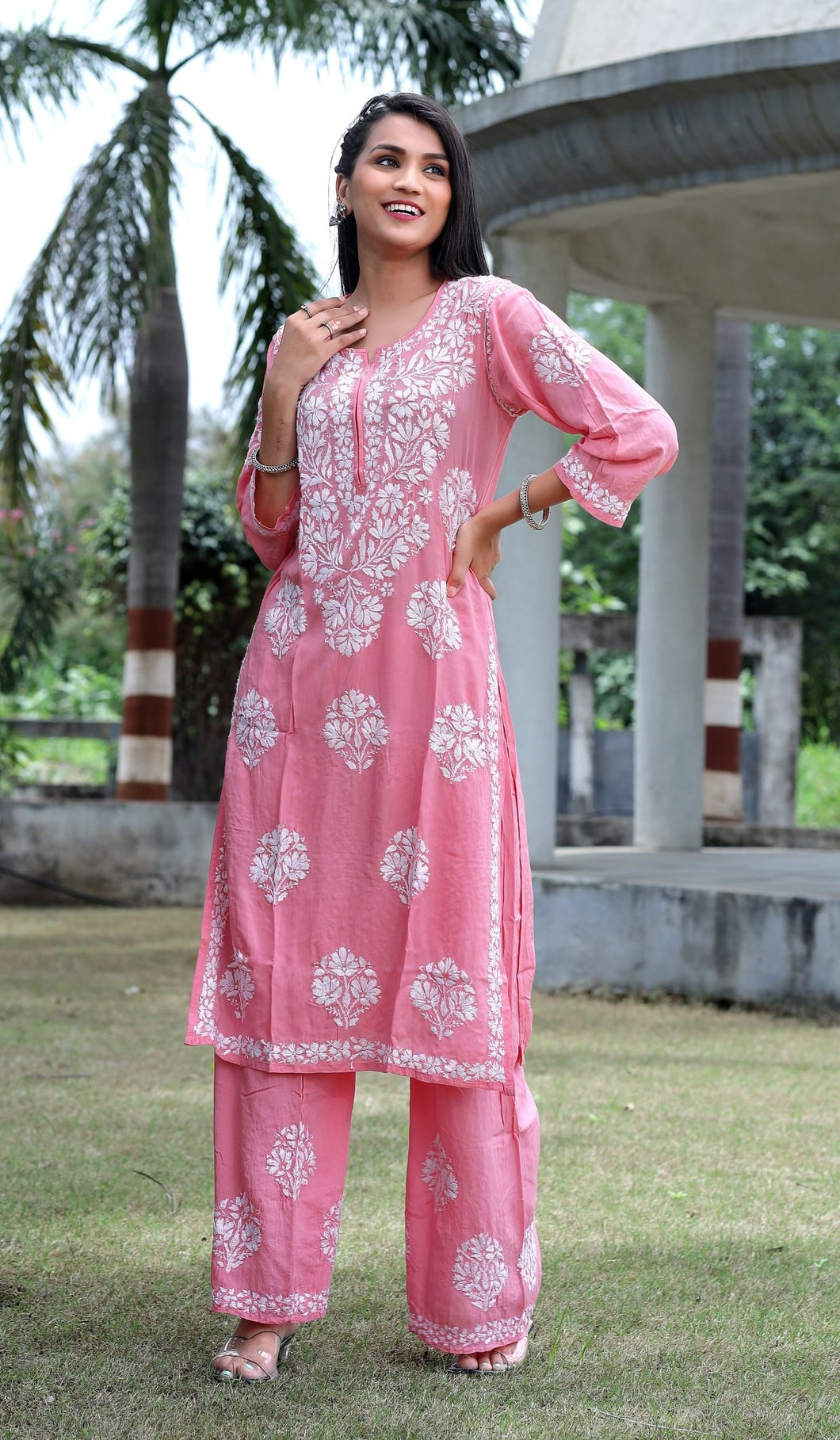 Peach Modal Silk Hastakarigari Chikankari Kurta Pant(Set of 2) - Craftystyles