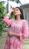 Peach Modal Silk Hastakarigari Chikankari Kurta Pant(Set of 2) - Craftystyles