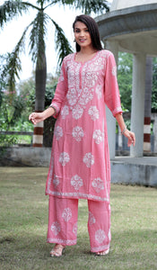 Peach Modal Silk Hastakarigari Chikankari Kurta Pant(Set of 2) - Craftystyles