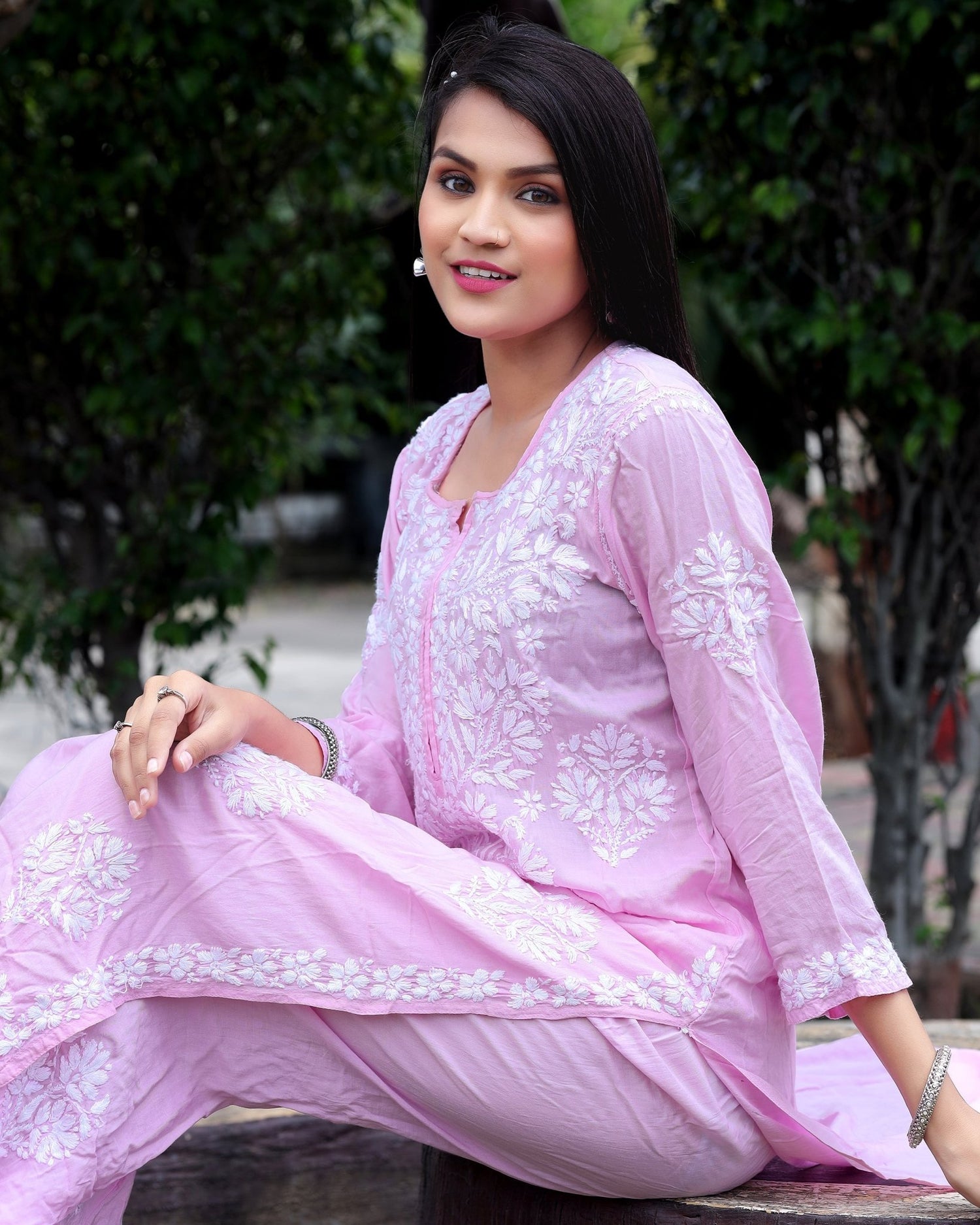 Pink Modal Silk Hastakarigari Chikankari Kurta Pant(Set of 2) - Craftystyles