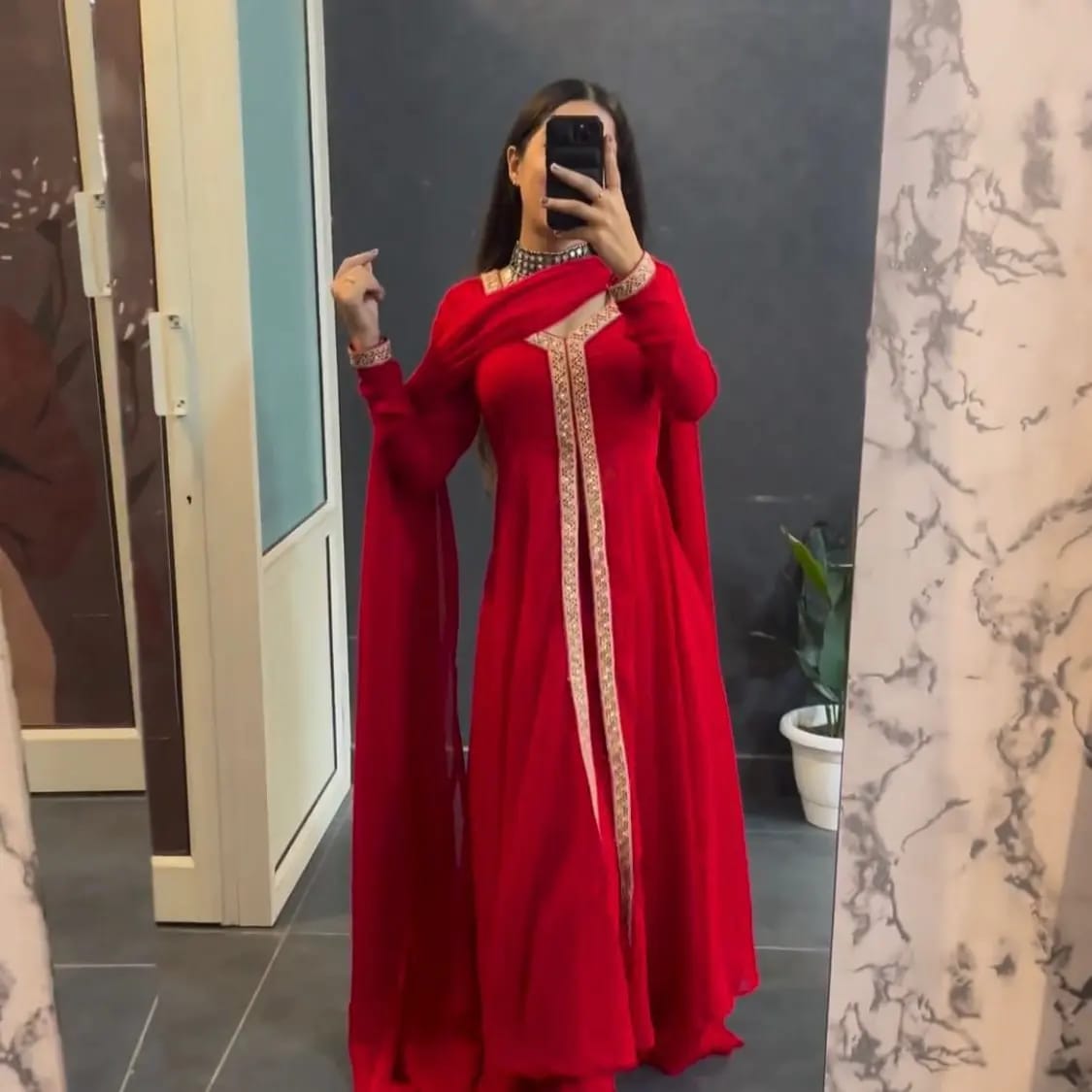 Rayon Anarkali Red Suit(Set of 3) - Craftystyles
