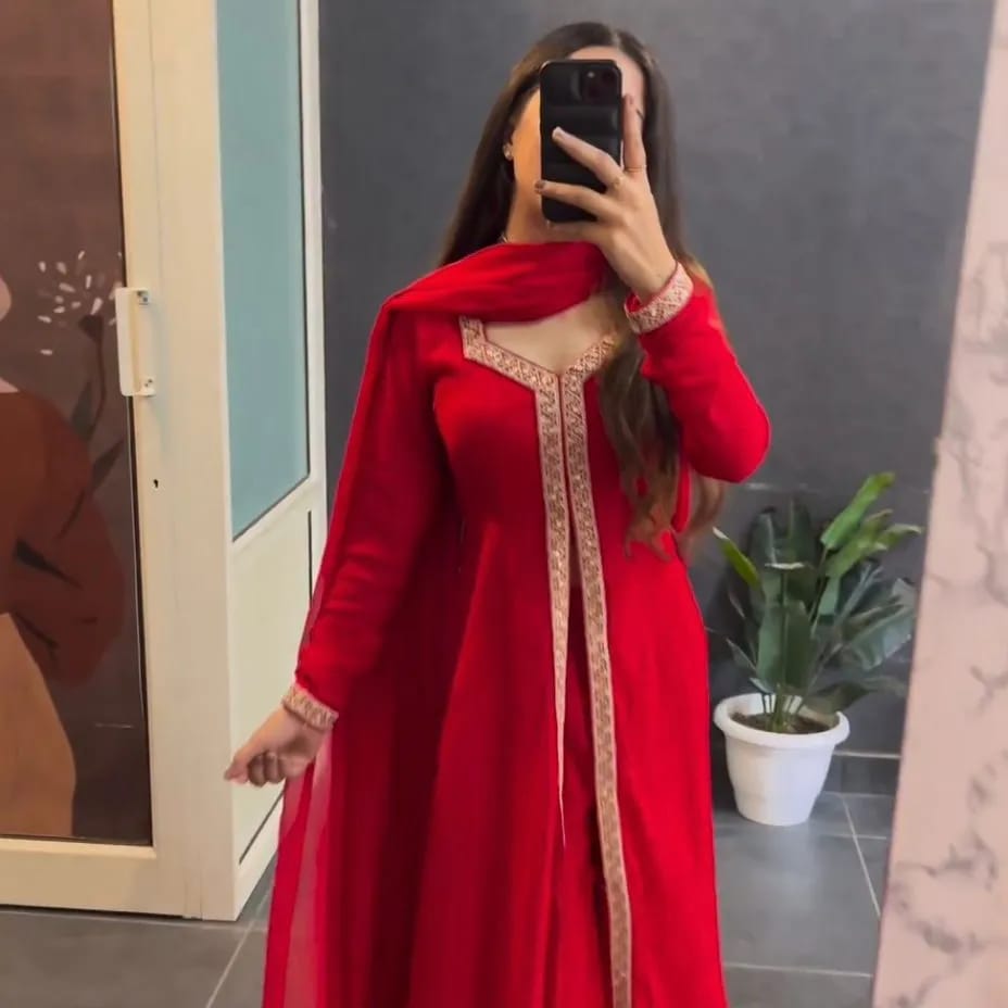 Rayon Anarkali Red Suit(Set of 3) - Craftystyles