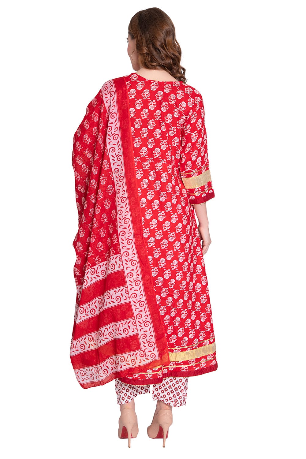 Red Hand Block Printed Anarkali Suit - Craftystyles