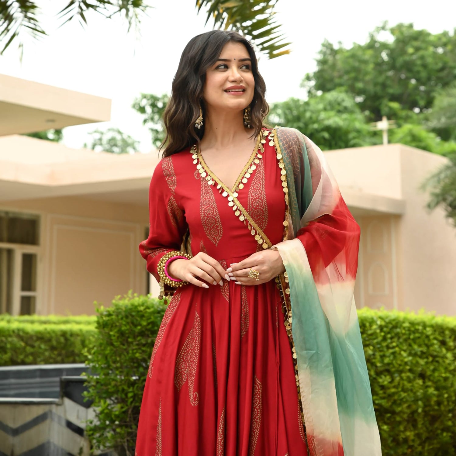 REYON Red anarkali Suit(Set of 3) - Craftystyles