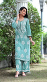 Sea Green Modal Silk Hastakarigari Chikankari Kurta Pant(Set of 2) - Craftystyles