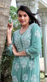 Sea Green Modal Silk Hastakarigari Chikankari Kurta Pant(Set of 2) - Craftystyles