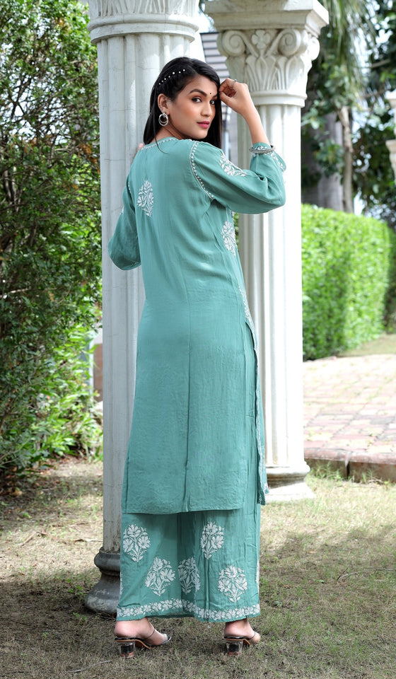 Sea Green Modal Silk Hastakarigari Chikankari Kurta Pant(Set of 2) - Craftystyles