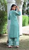 Sea Green Modal Silk Hastakarigari Chikankari Kurta Pant(Set of 2) - Craftystyles