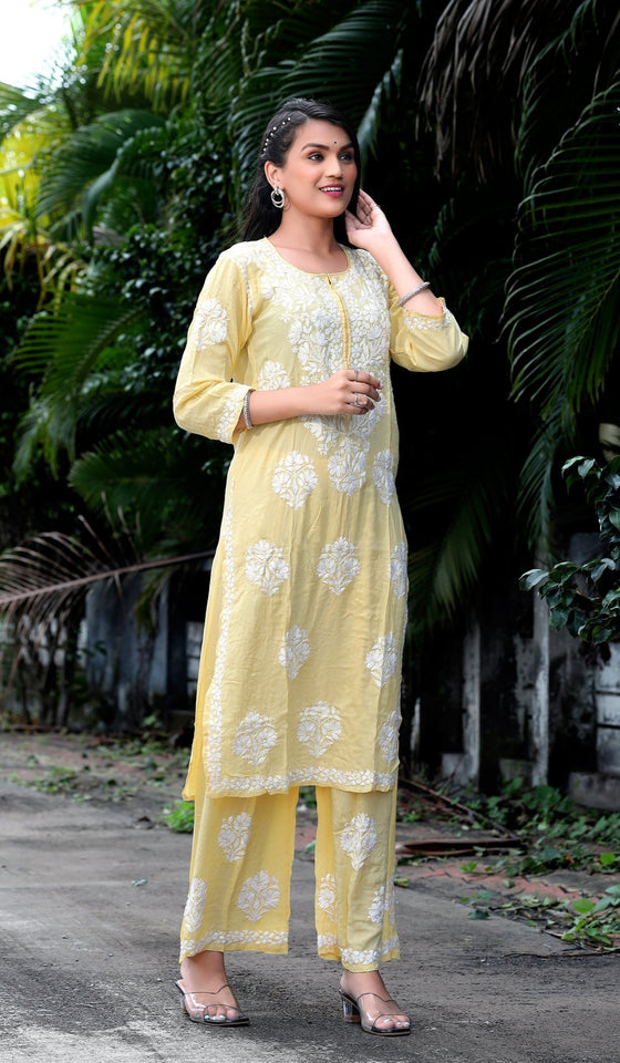 Yellow Modal Silk Hastakarigari Chikankari Kurta Pant(Set of 2) - Craftystyles