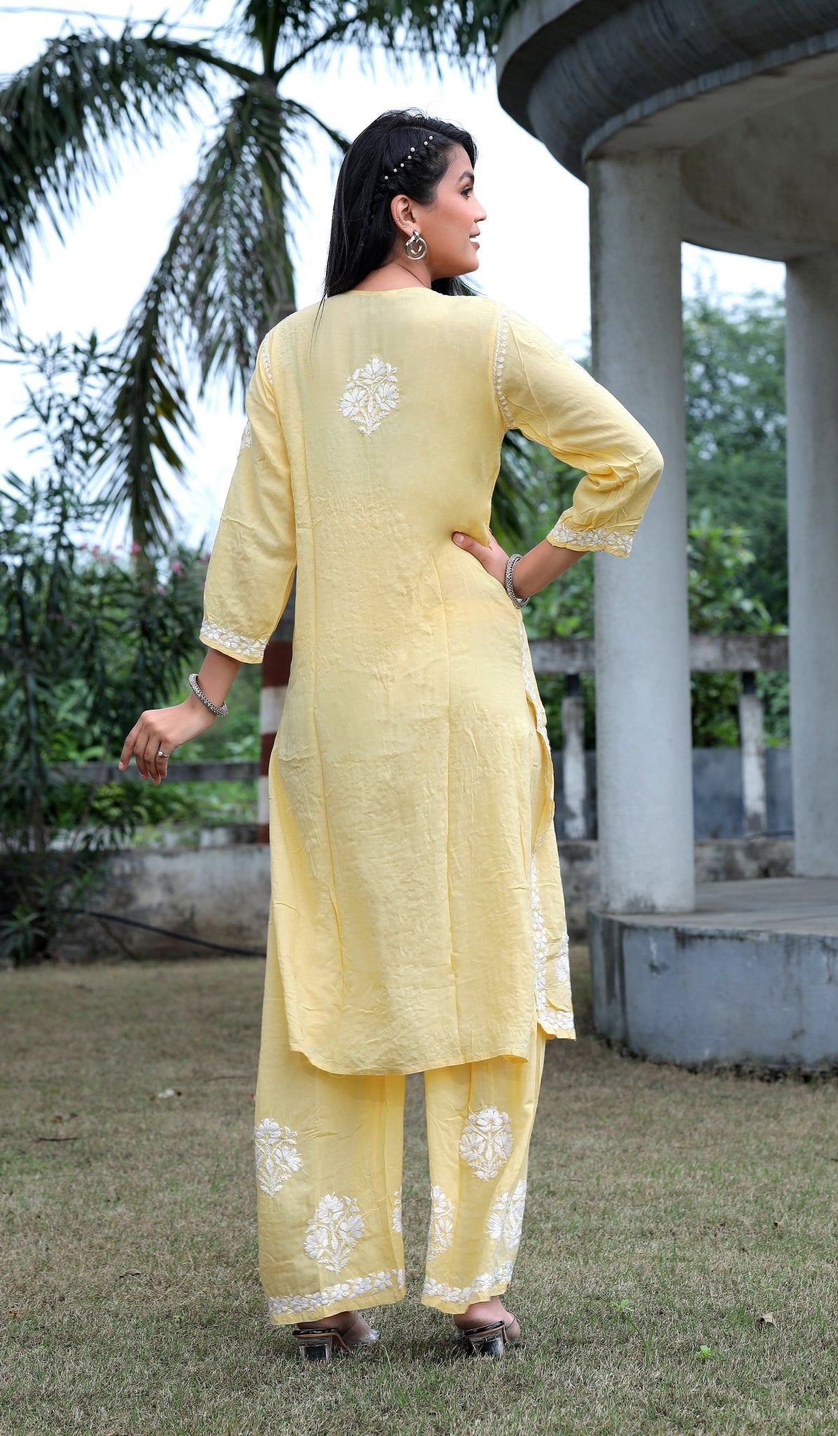 Yellow Modal Silk Hastakarigari Chikankari Kurta Pant(Set of 2) - Craftystyles